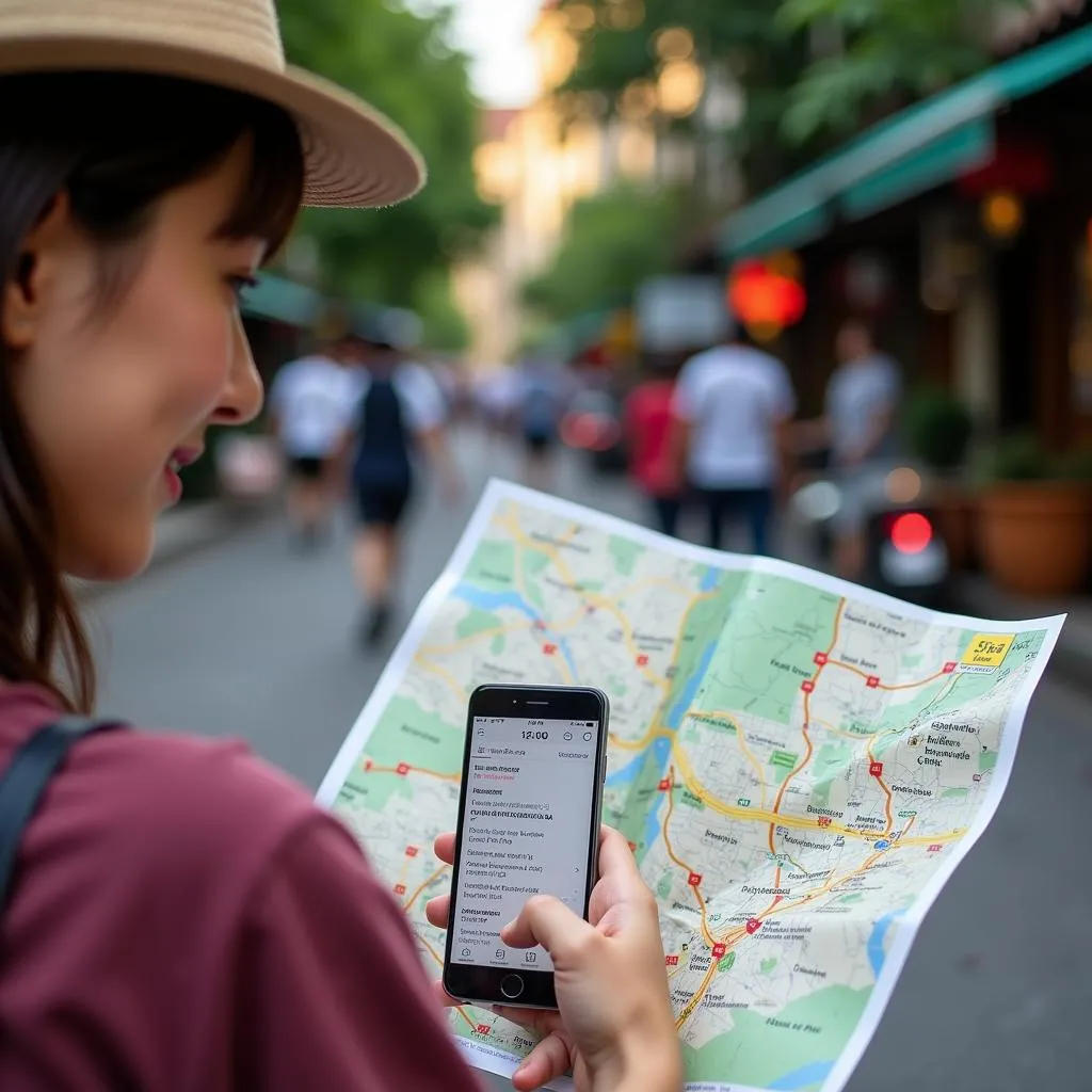 Traveler Consulting a Map with Travel Advisory Information