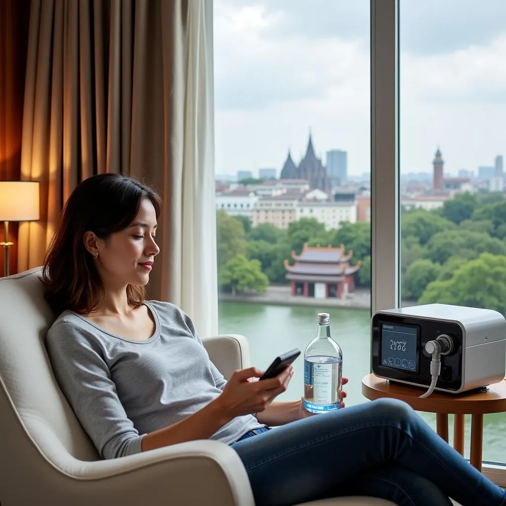 Traveler Using CPAP Machine in Hotel Room in Hanoi