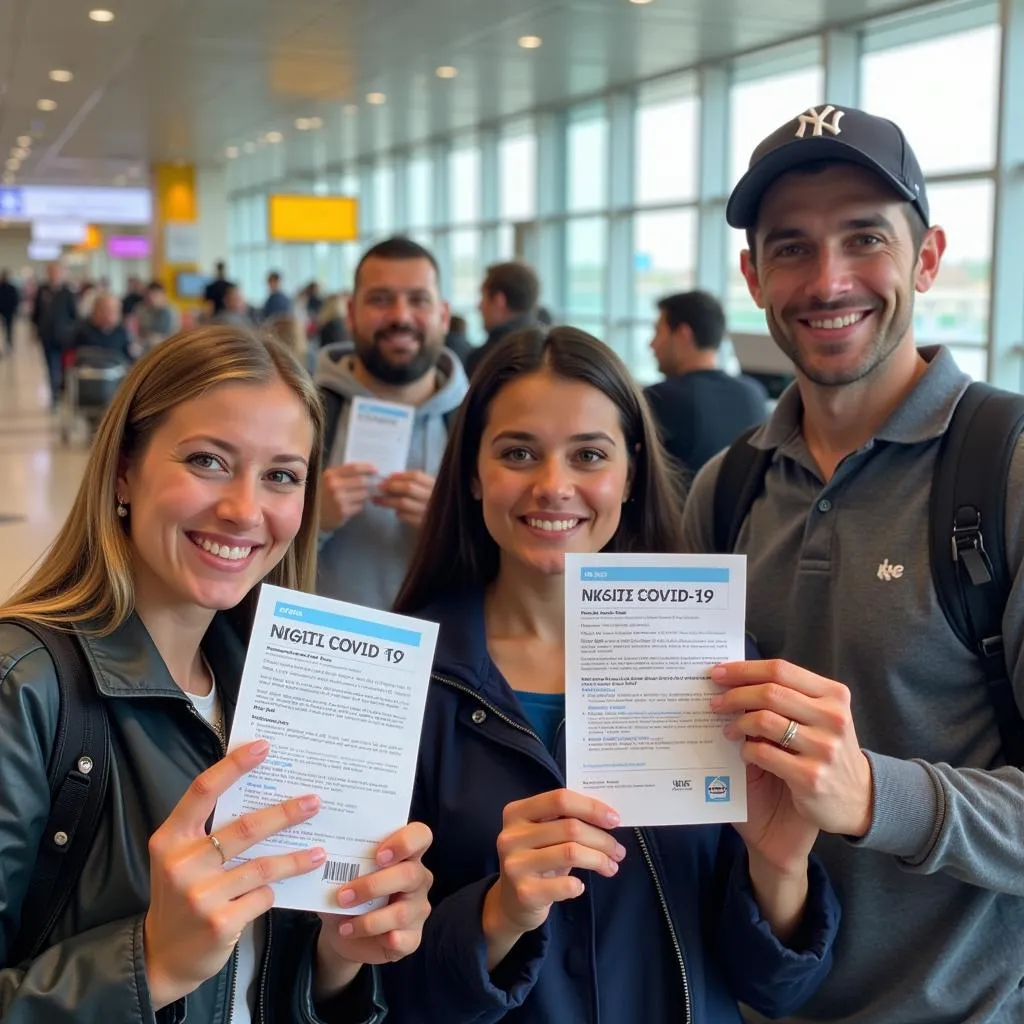 Travelers holding COVID-19 test results at the airport