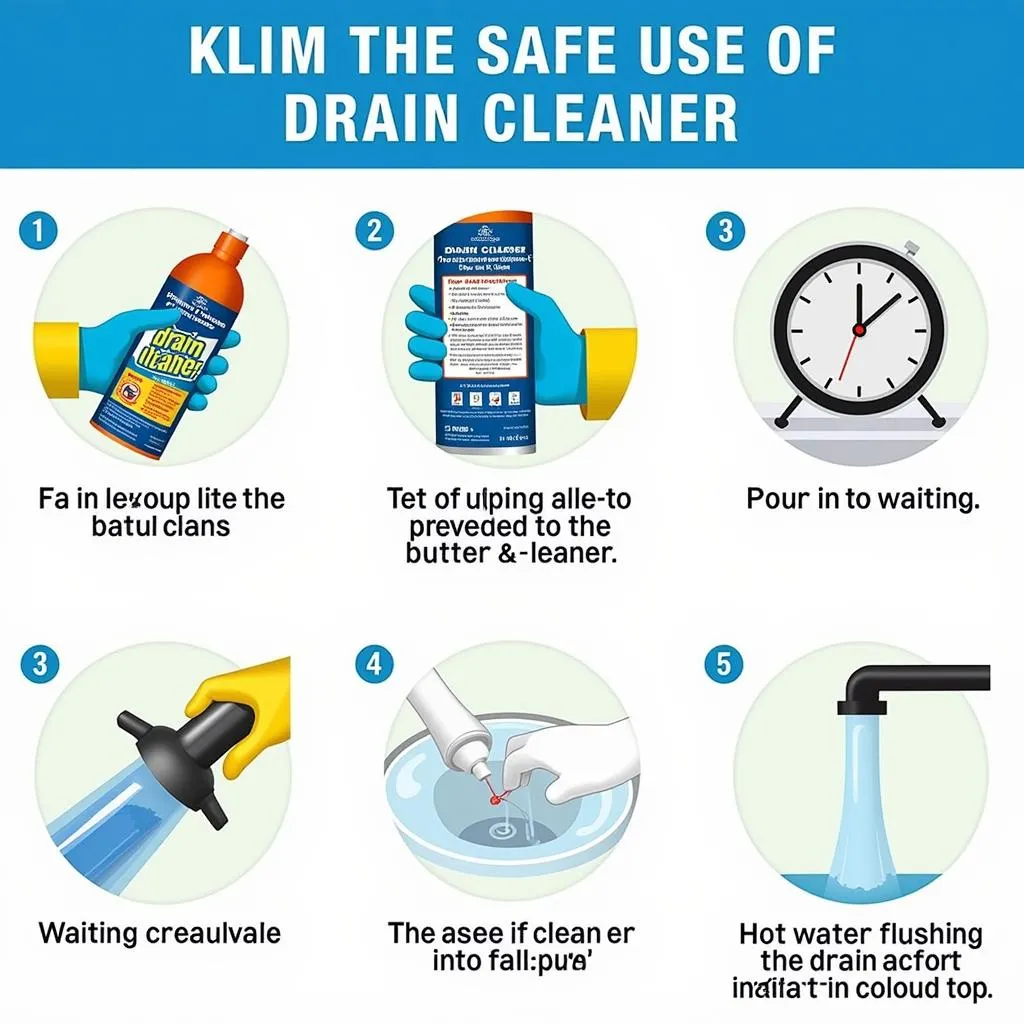 Steps to use drain cleaner safely: Gloves, reading label, pouring, waiting, flushing.