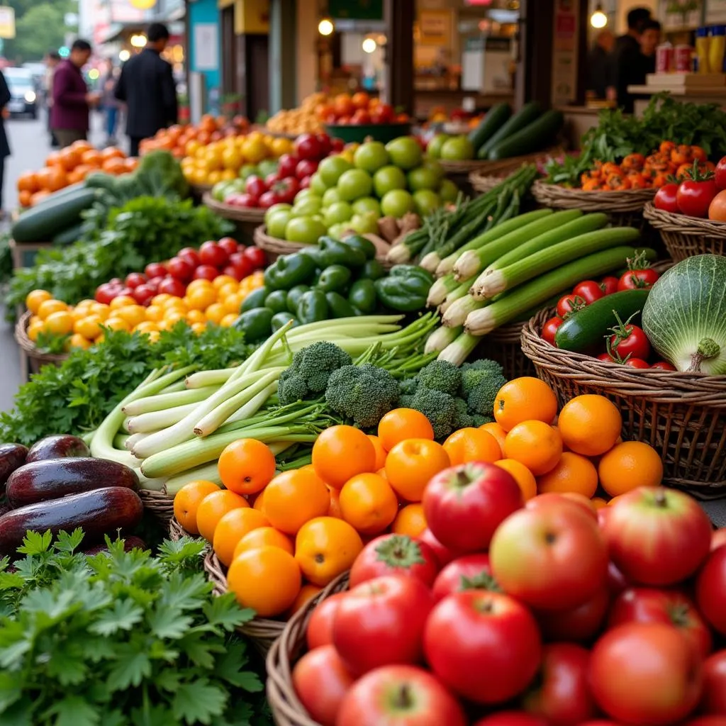 Variety of Fresh Fruits and Vegetables at Hanoi Market