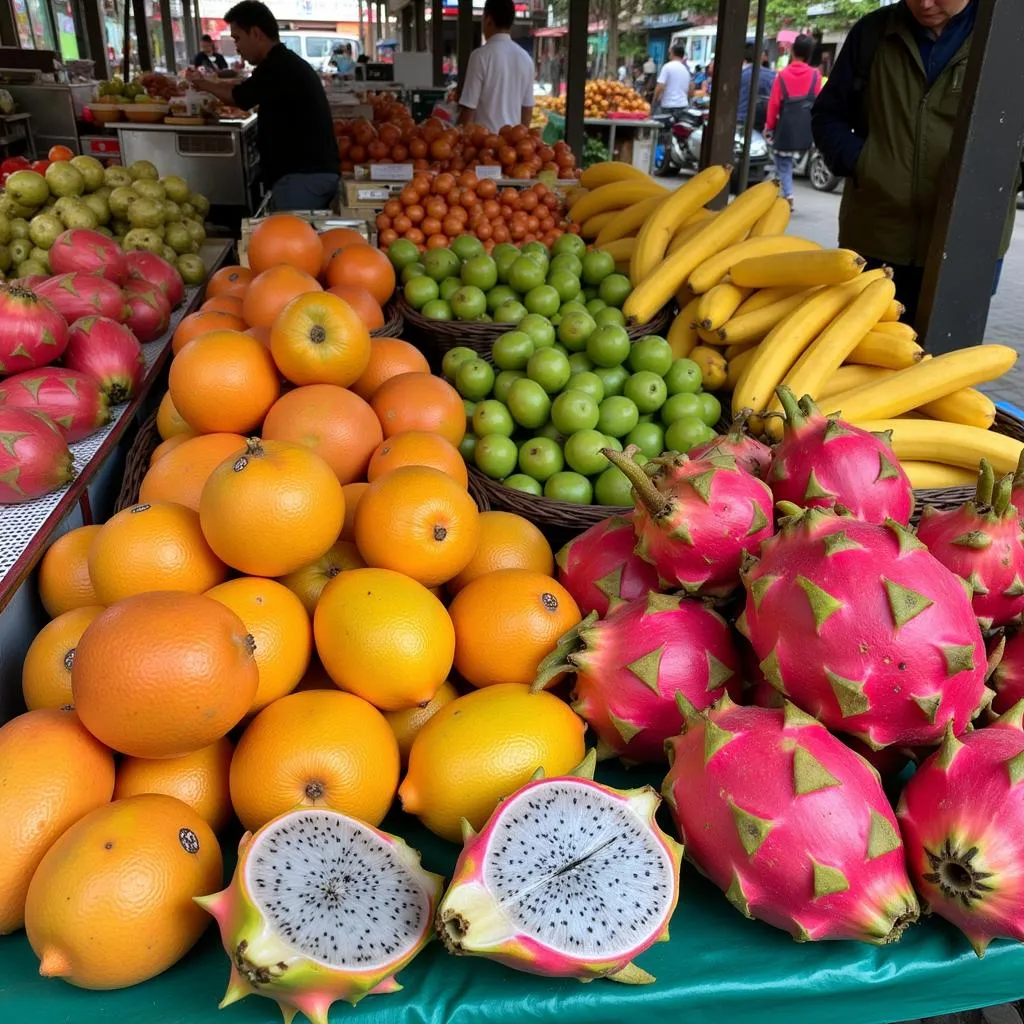 A colorful display of fruits at a market in Hanoi