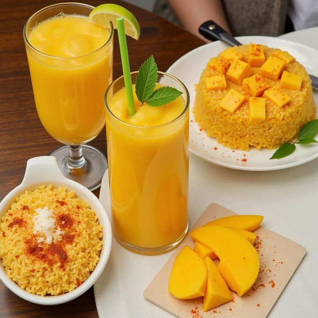 Delicious mango desserts in Hanoi: mango sticky rice, fresh mango with chili salt, and mango smoothie