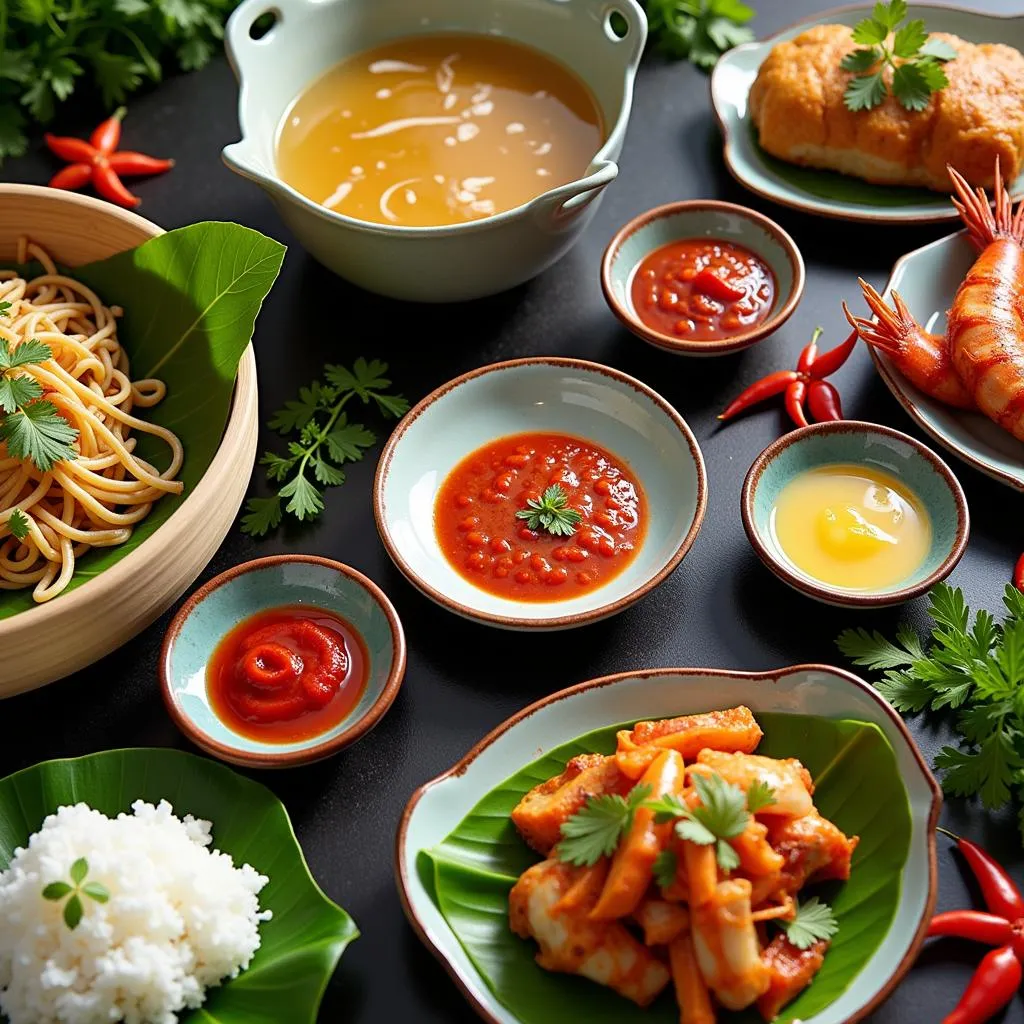 A table spread of Vietnamese dishes with Meo Tom sauce in the center.