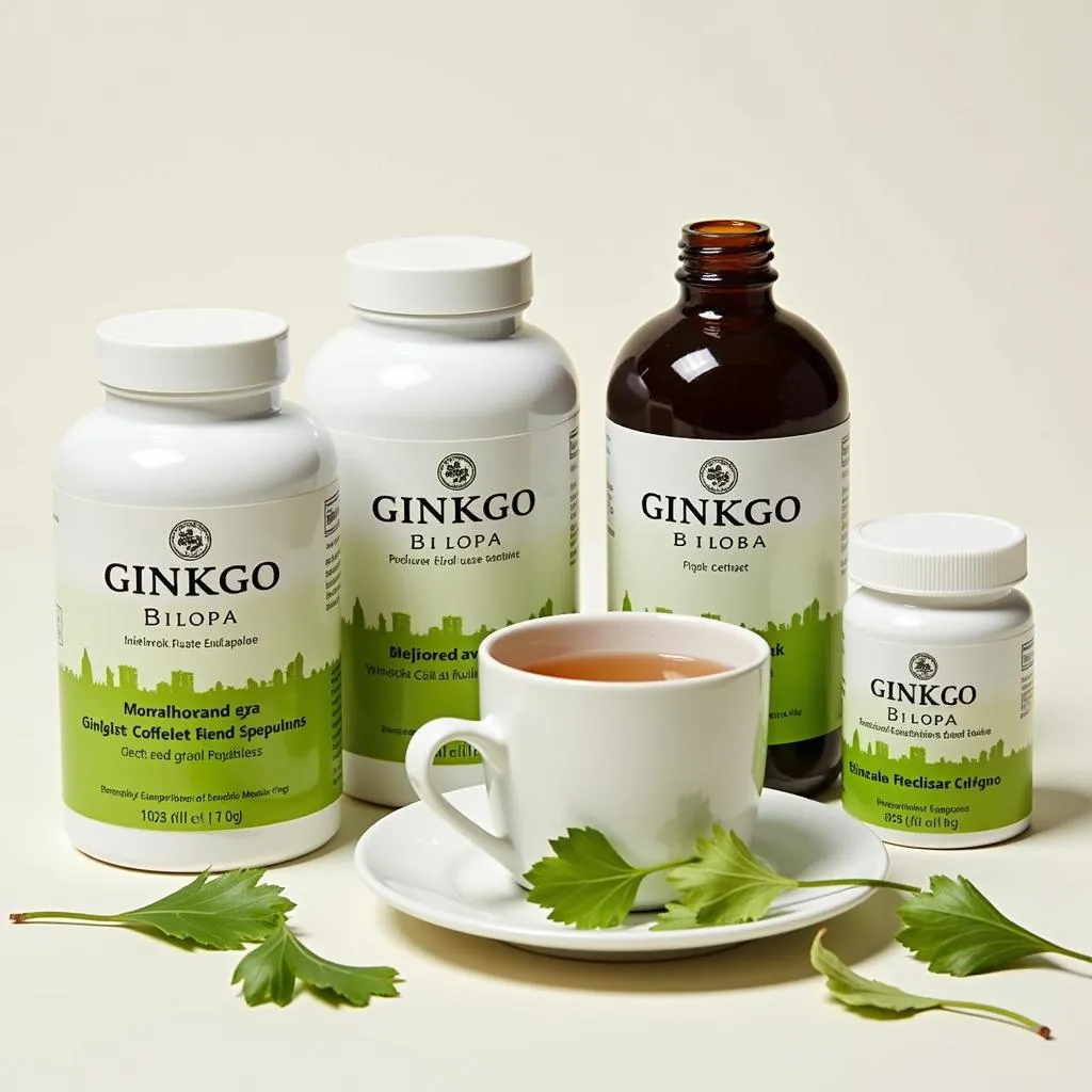 Ginkgo biloba products in different forms - capsules, tea, and extract