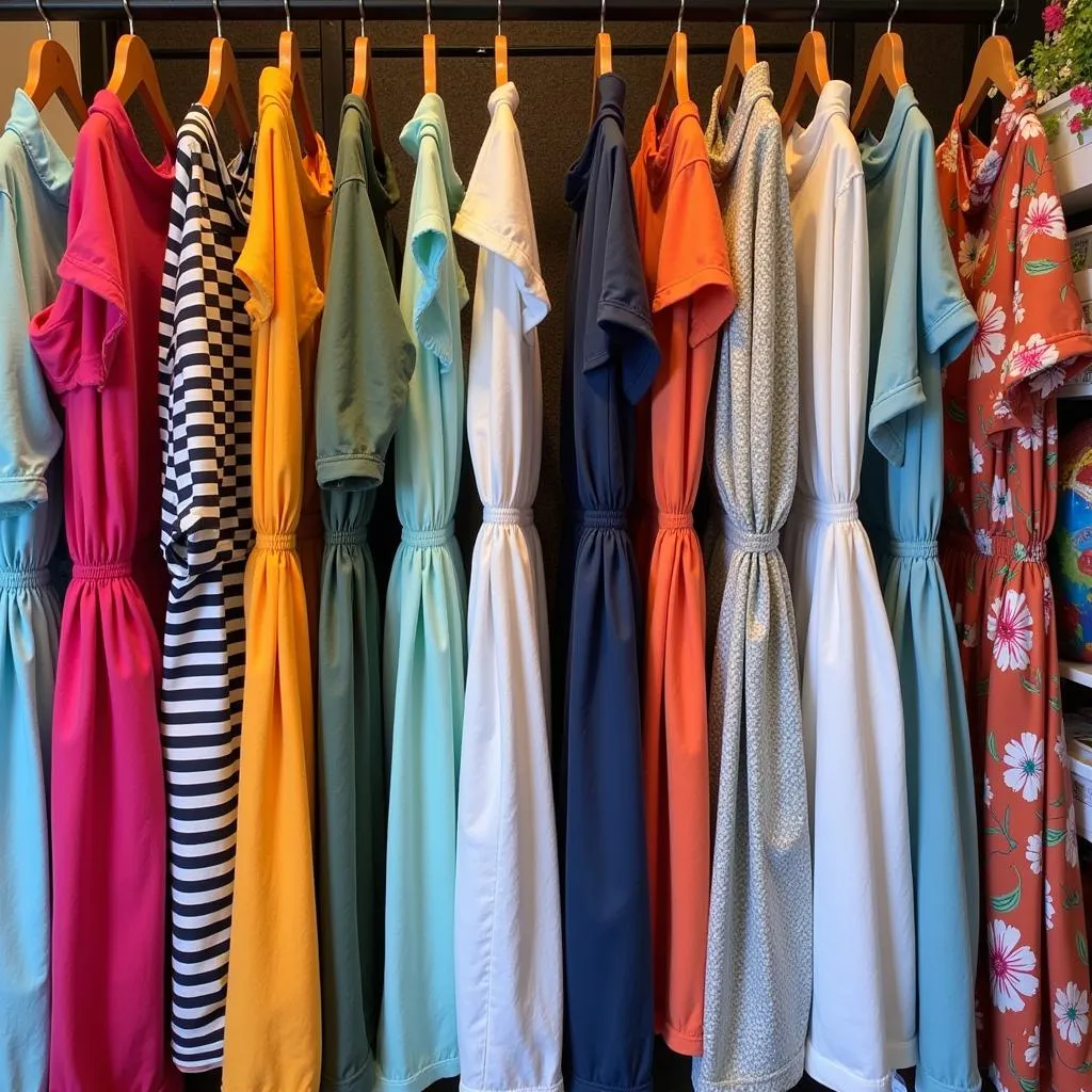 Various pants-style sun protection clothing displayed in a Hanoi shop