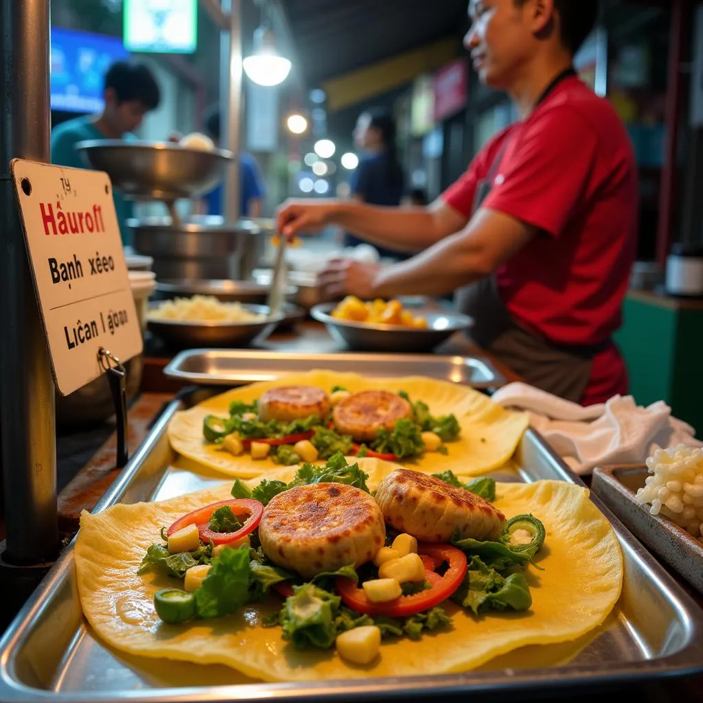 Vegan banh xeo at a street food stall in Hanoi