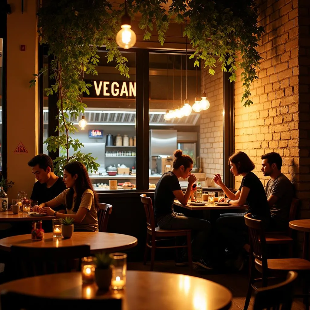 A cozy vegan restaurant in Hanoi's Old Quarter, bustling with diners.