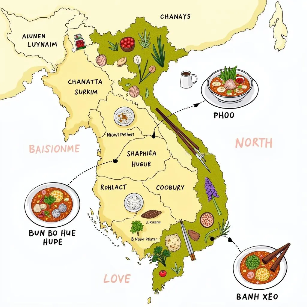 Map of Vietnam with food illustrations