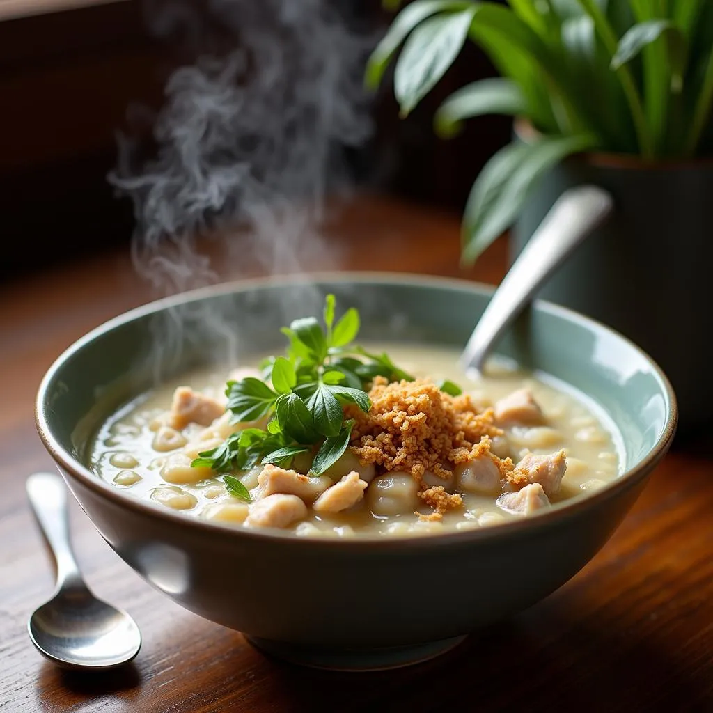 A bowl of Vietnamese chicken porridge (Chao Ga) for breakfast