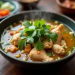 Vietnamese chicken soup with medicinal herbs in a bowl