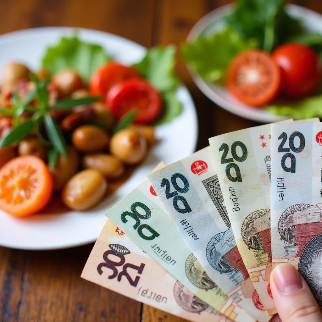 Vietnamese Dong banknotes and a plate of Hanoi food