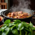 Vietnamese duck hot pot with fresh water spinach