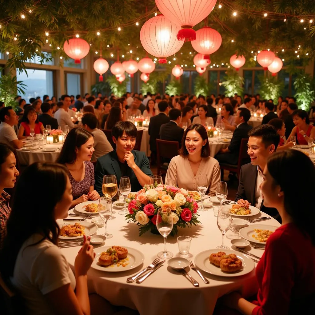 Guests enjoying a celebratory feast at a Vietnamese engagement ceremony