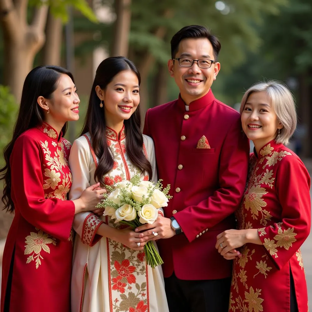 Vietnamese engagement ceremony with the couple and family