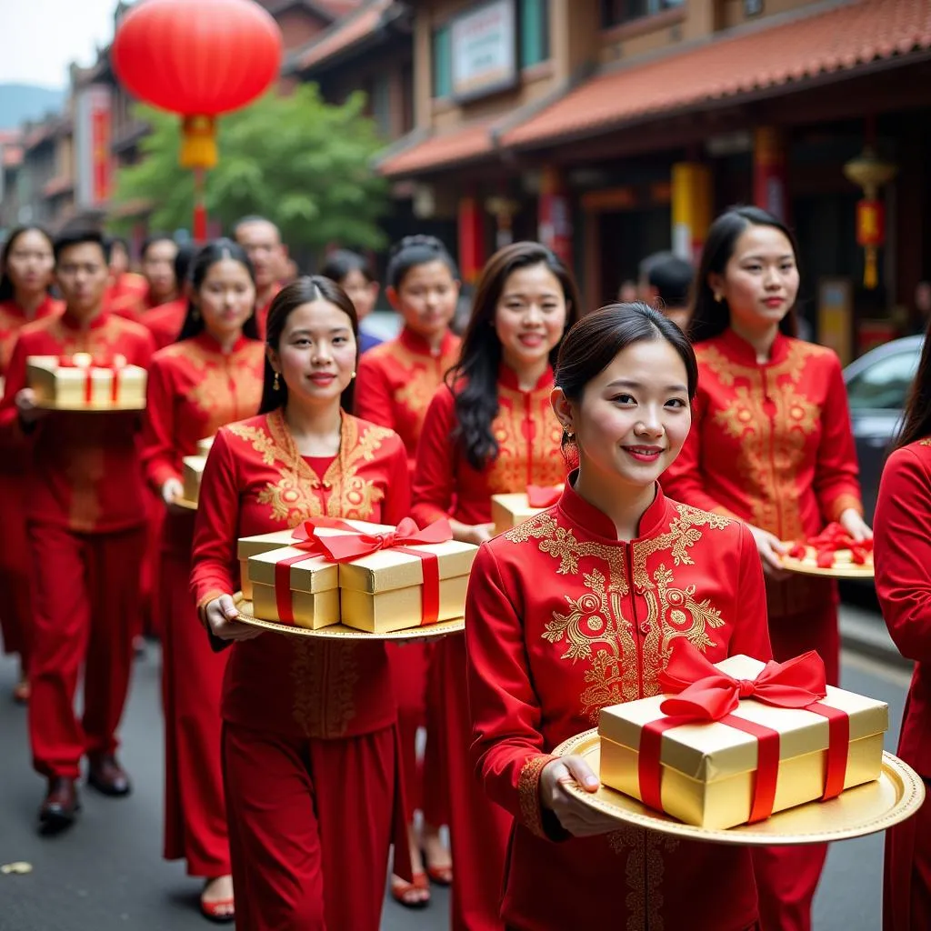 Family members carrying ornately decorated gift trays during a Vietnamese engagement ceremony