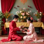 Vietnamese couple performing a tea ceremony during their engagement