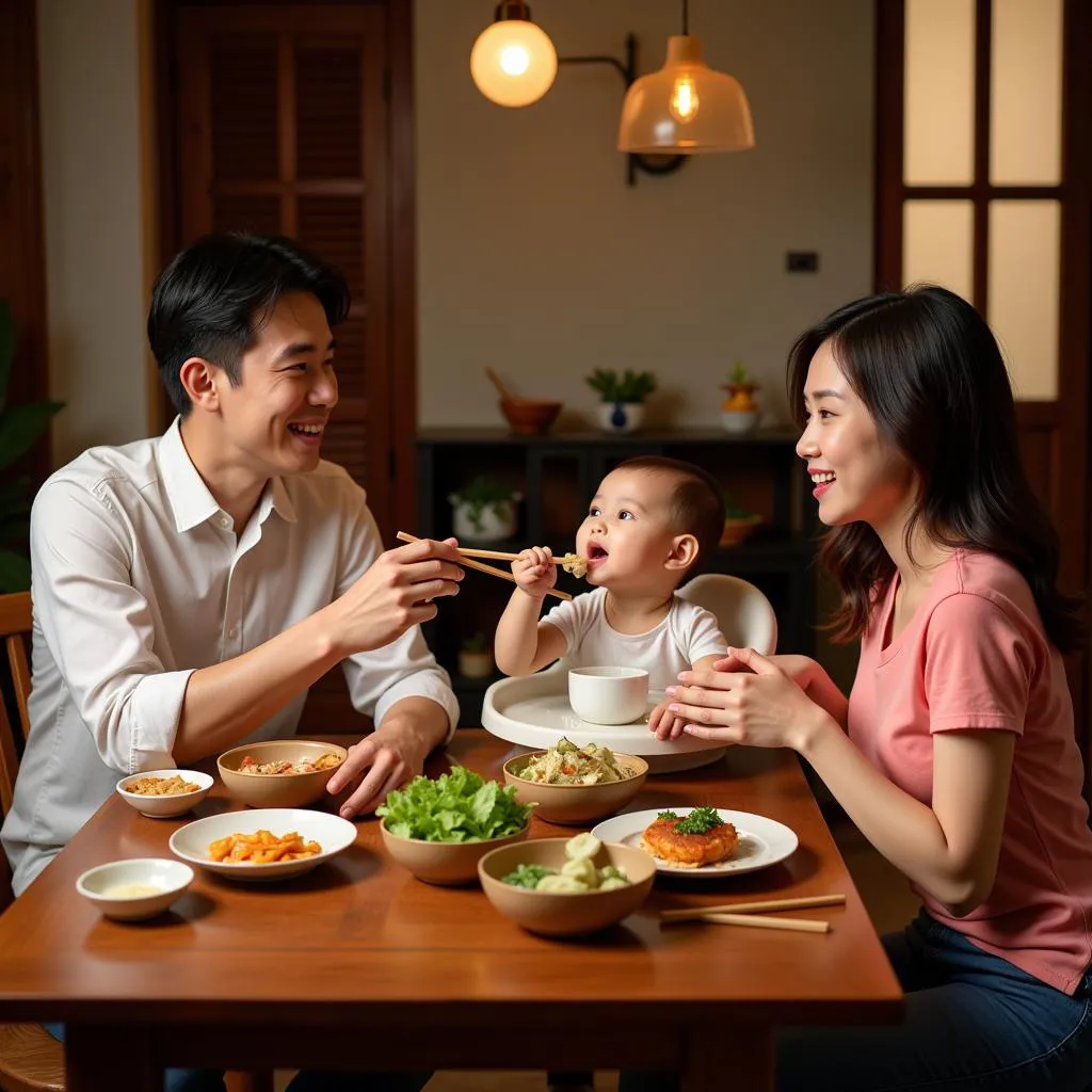 Vietnamese family eating chao