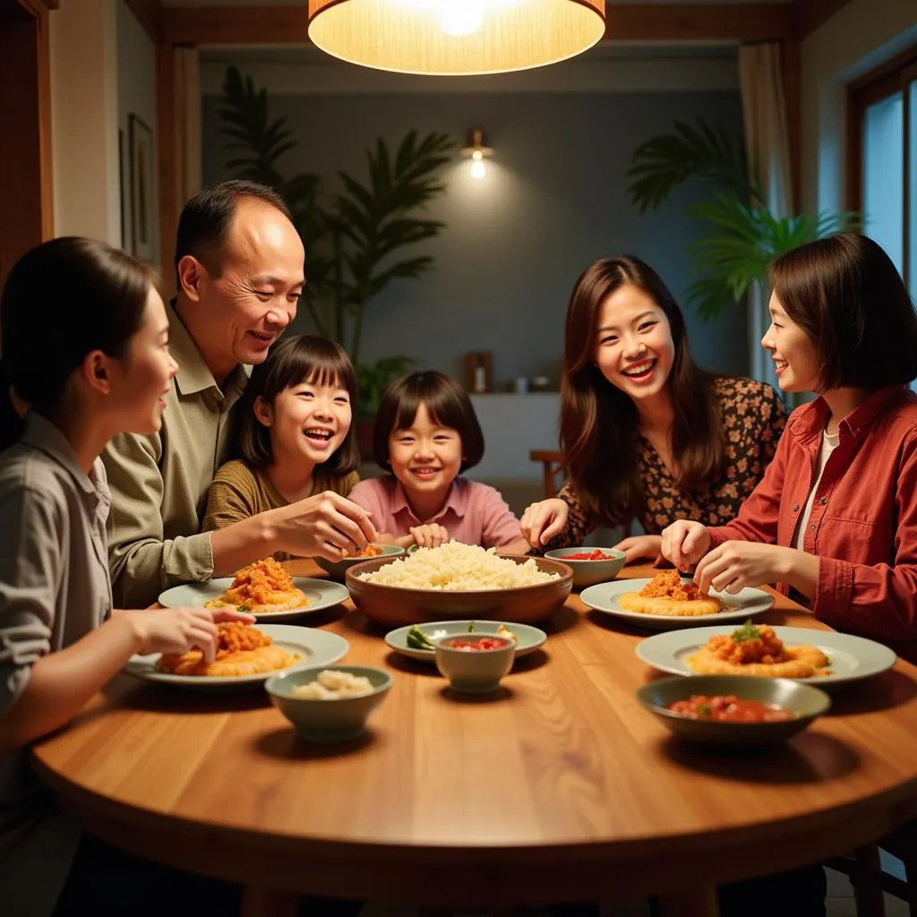 A Vietnamese family sharing a meal of thit kho tau