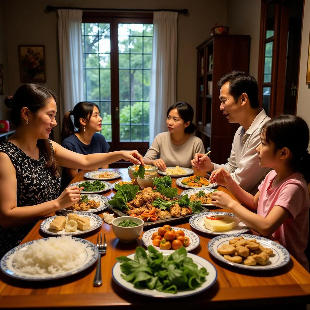 Vietnamese Family Enjoying a Meal with Arrowroot Leaf Wrapped Dishes