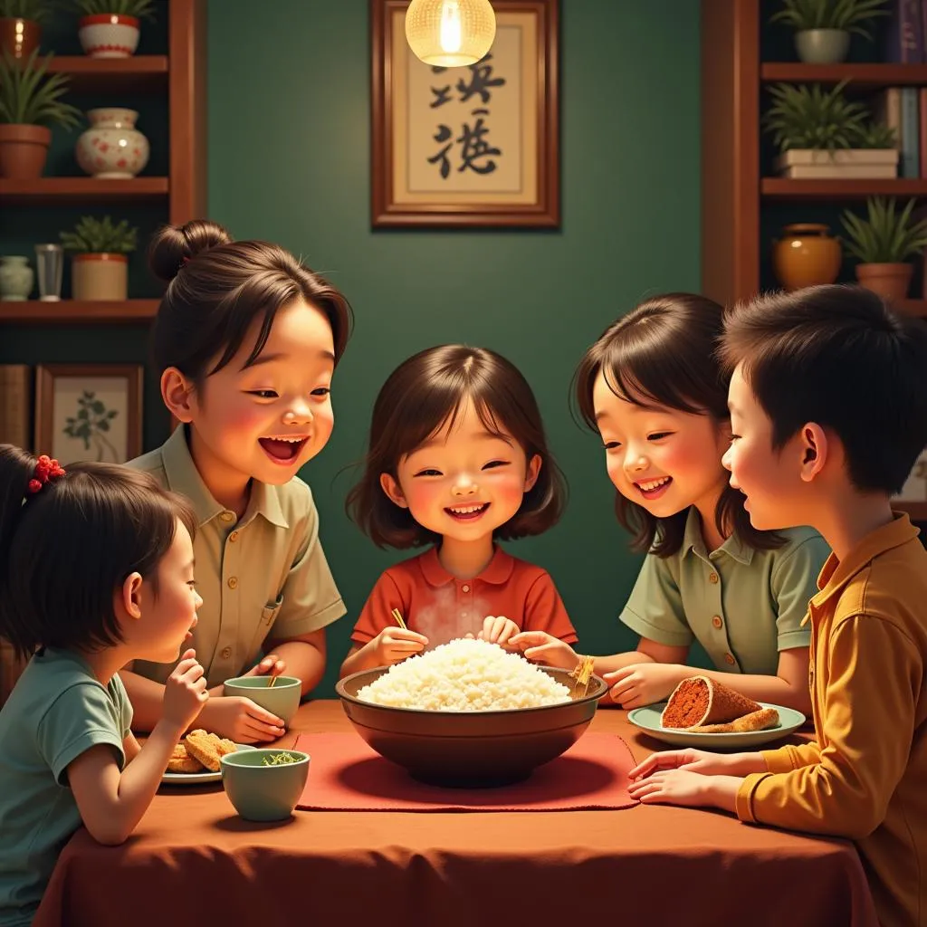 Vietnamese family enjoying a meal with sticky rice