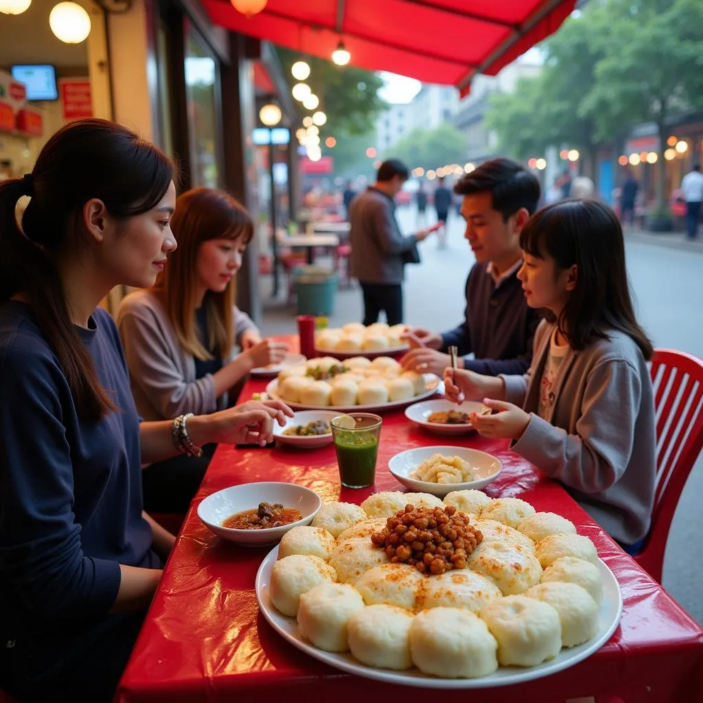 Vietnamese Family Enjoying Banh Beo Chen in Hanoi