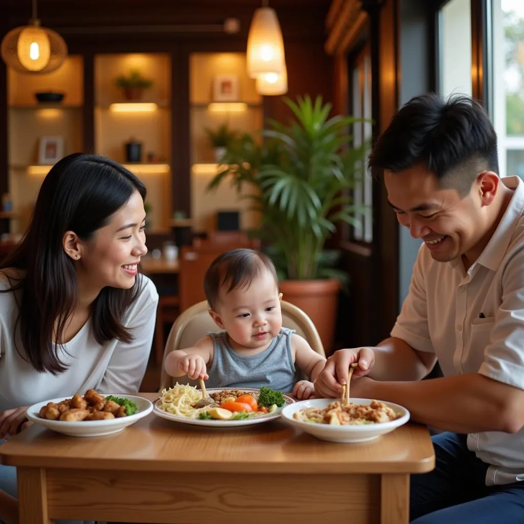 A Vietnamese family enjoying a meal together at a restaurant in Hanoi