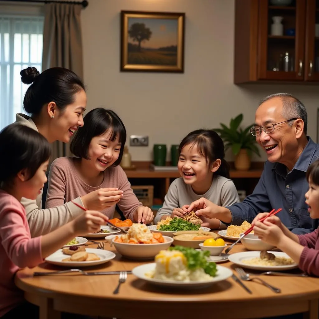 A Vietnamese family happily shares a meal together