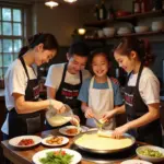 Vietnamese family making Banh Xeo together