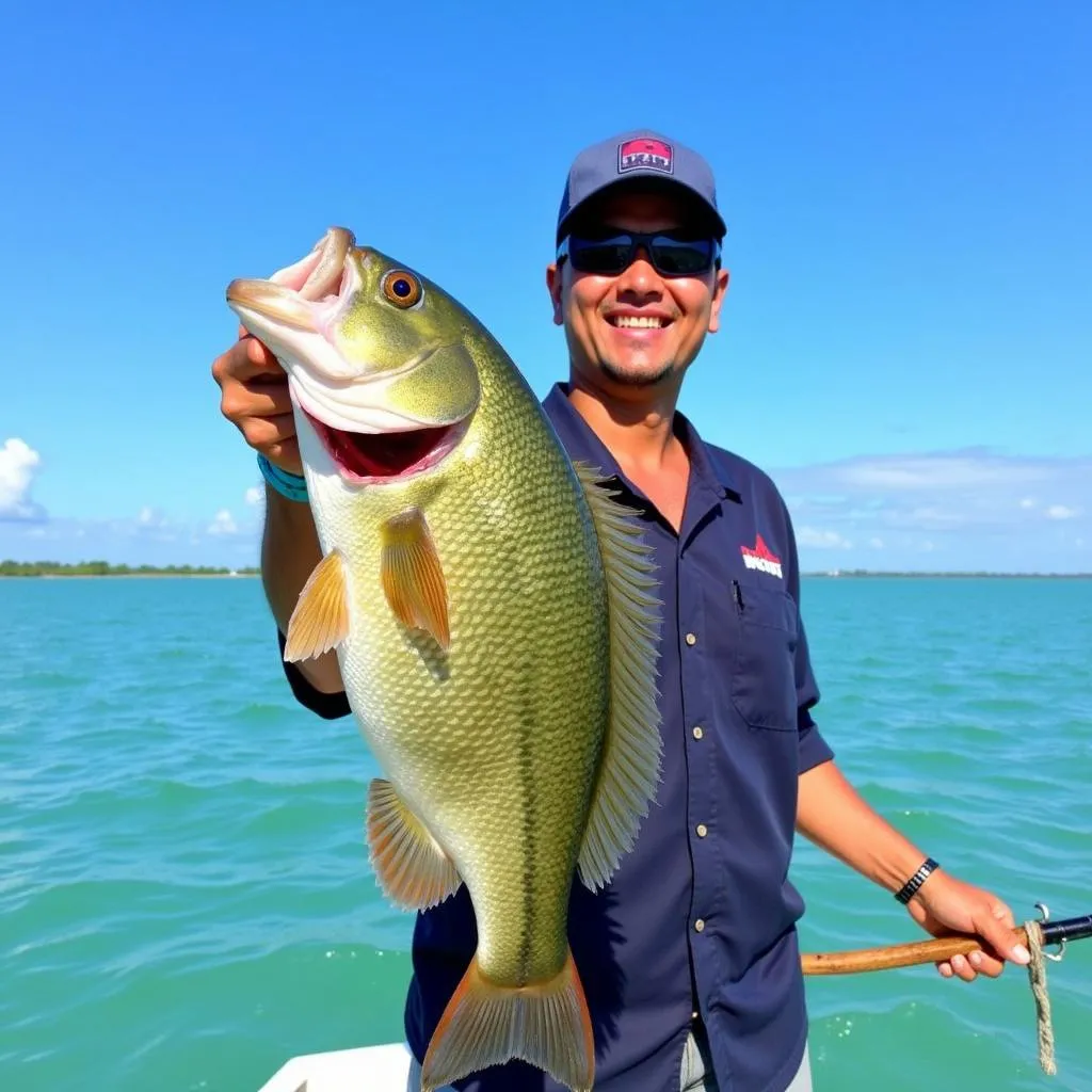 Vietnamese fisherman holding a grouper