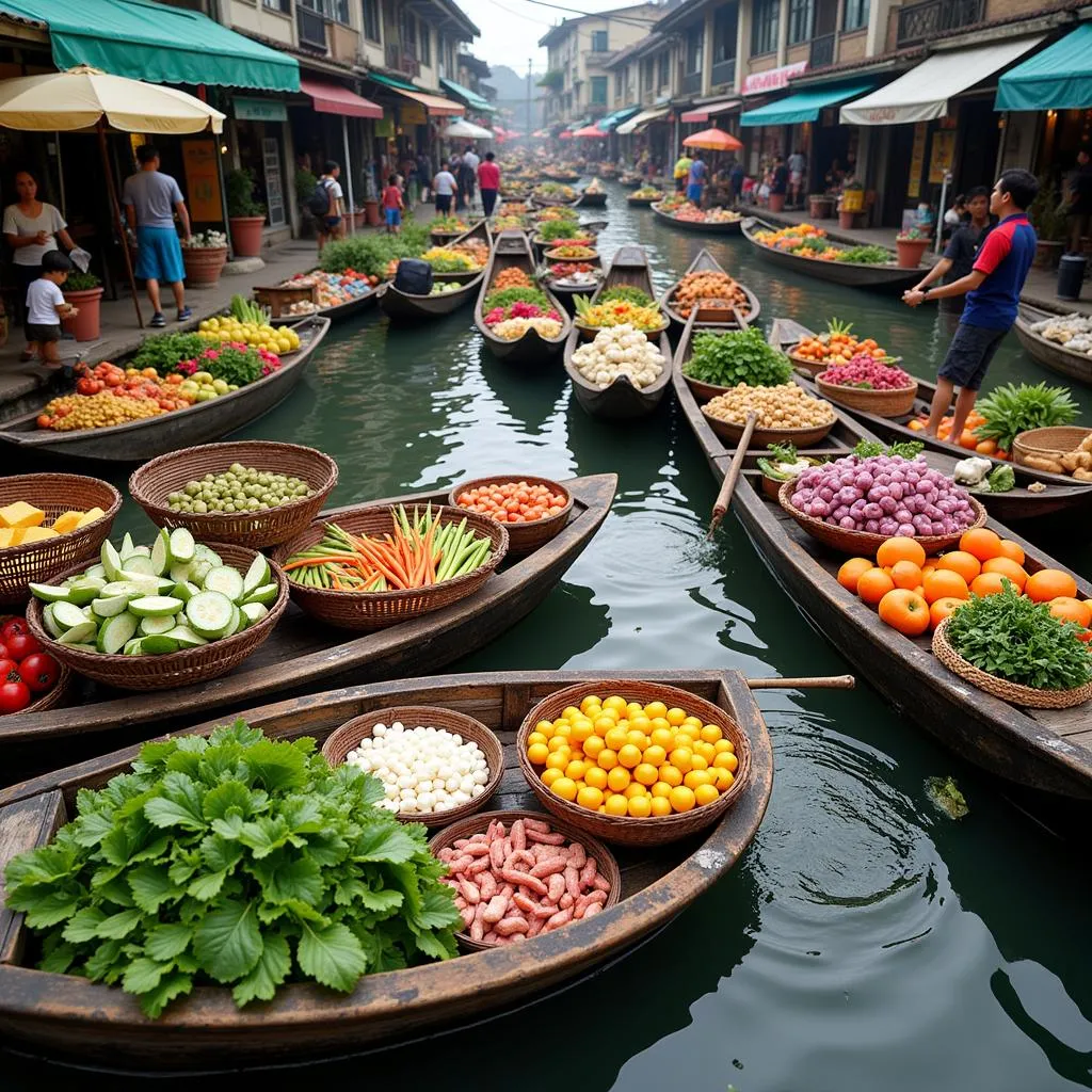 Vietnamese floating market showcasing colorful fruits and vegetables