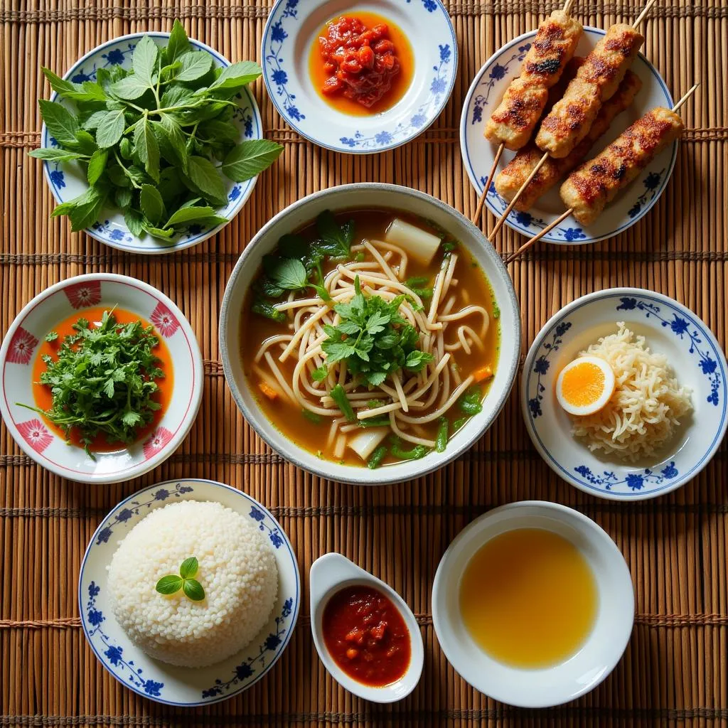 A platter of Vietnamese food featuring pickled mustard greens (Dưa Chua) as a side dish.