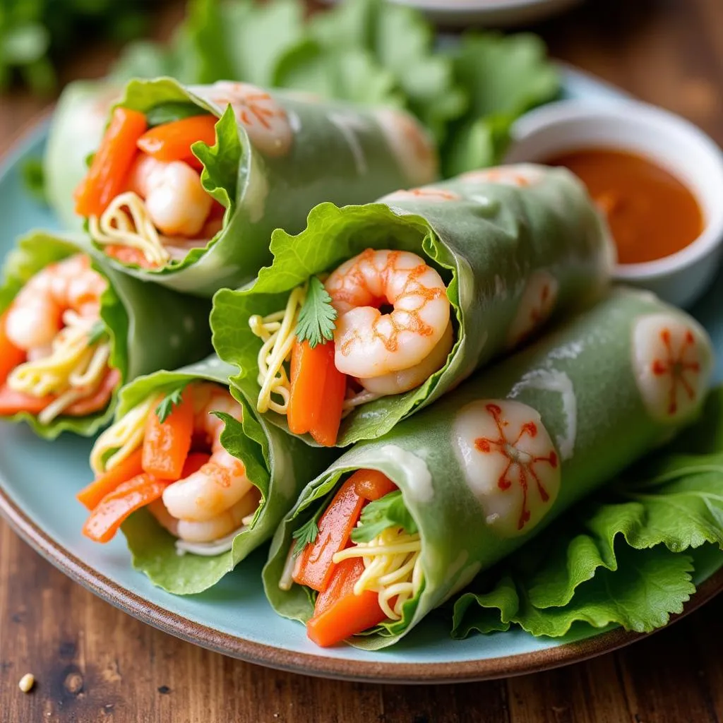 Colorful Vietnamese fresh spring rolls with dipping sauce