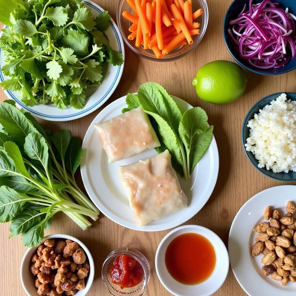 Vietnamese fresh spring rolls ingredients on a table