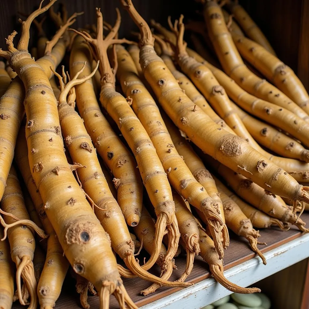 Vietnamese ginseng roots displayed in a traditional medicine shop