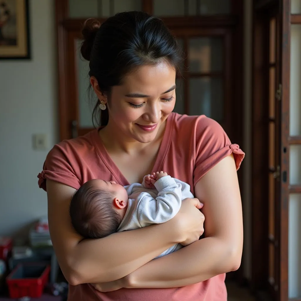 Vietnamese mother cradling her newborn baby