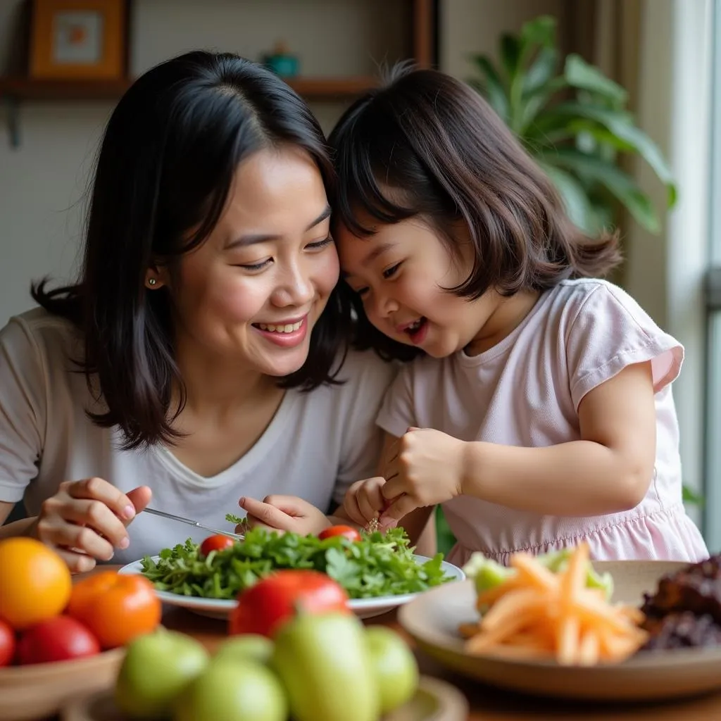 Vietnamese Mother and Child Enjoying a Meal