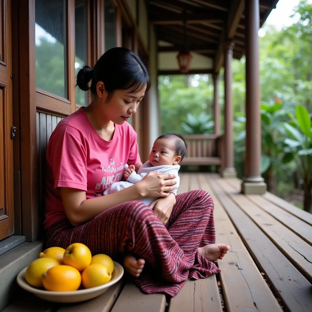 Vietnamese mother enjoying fruits with newborn