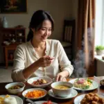 Vietnamese mother enjoying a traditional postpartum meal