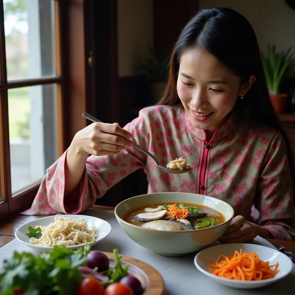 Vietnamese Mother Feeding Baby Mackerel Soup