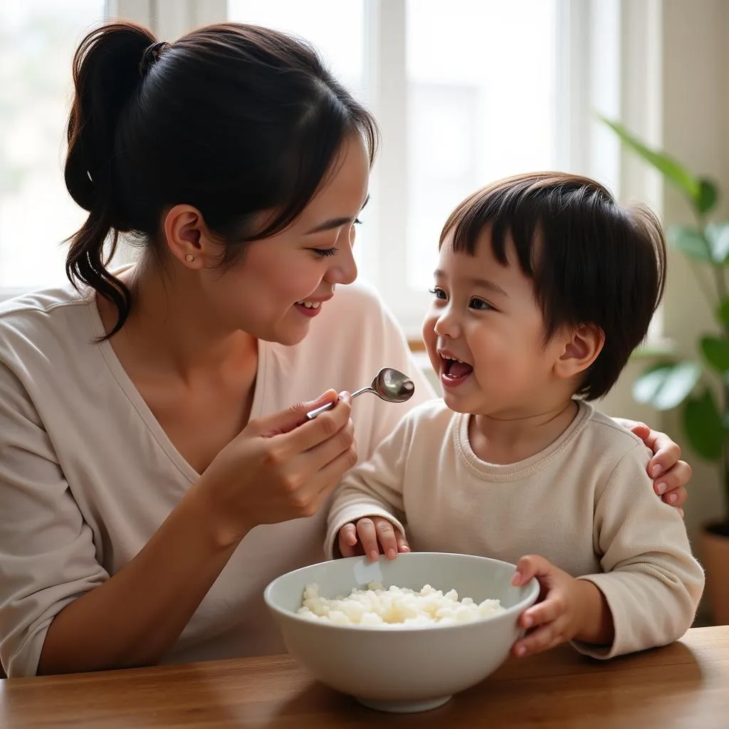 mother feeding child rice porridge