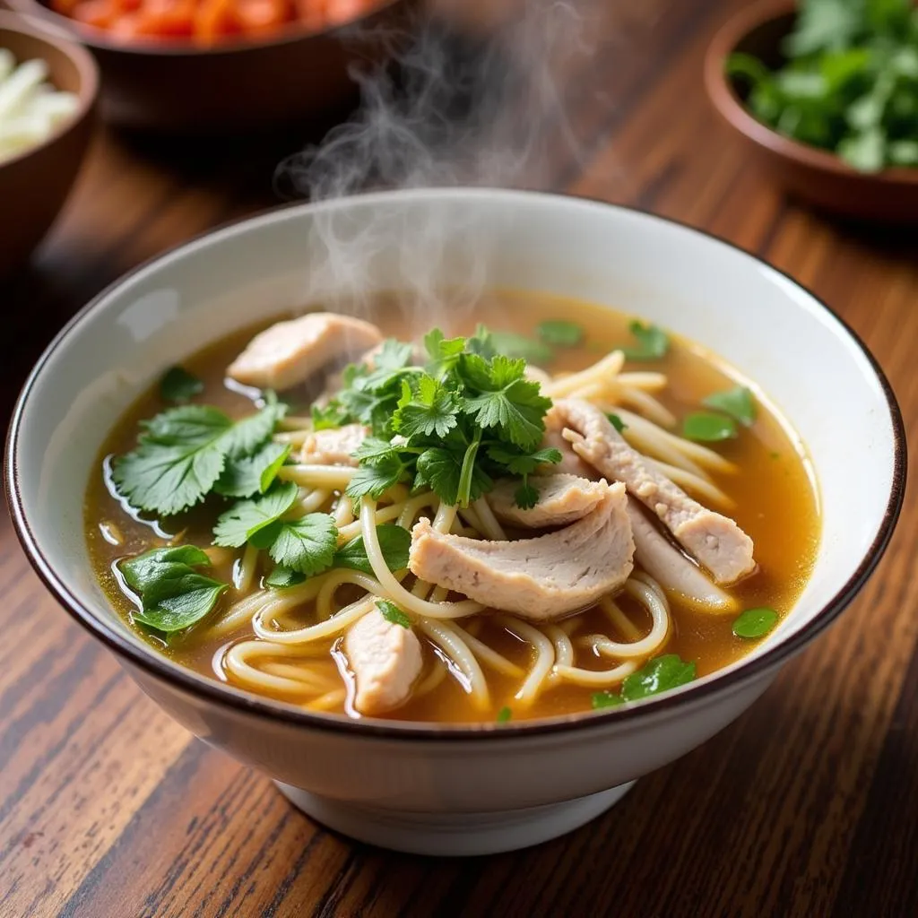 A steaming bowl of Vietnamese pho with fresh herbs