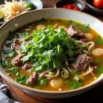 A steaming bowl of Vietnamese Pho with all the traditional toppings