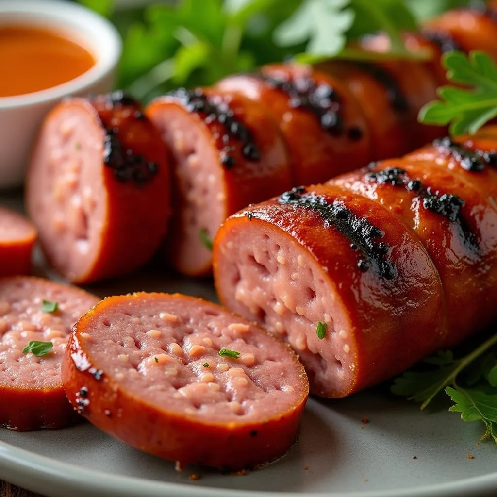 Close-up of grilled Vietnamese sausage on a plate