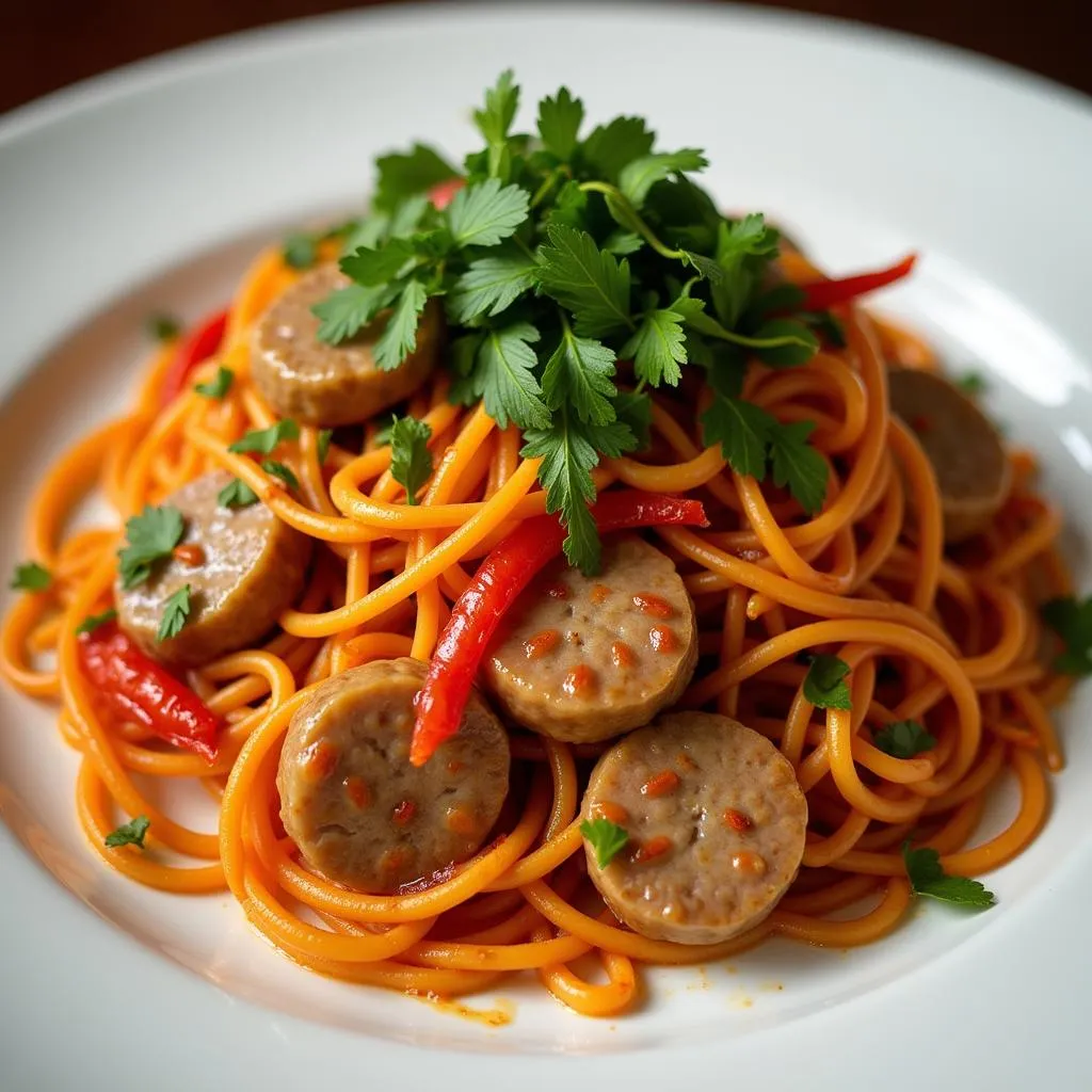 Vietnamese Sausage Spaghetti on a Plate