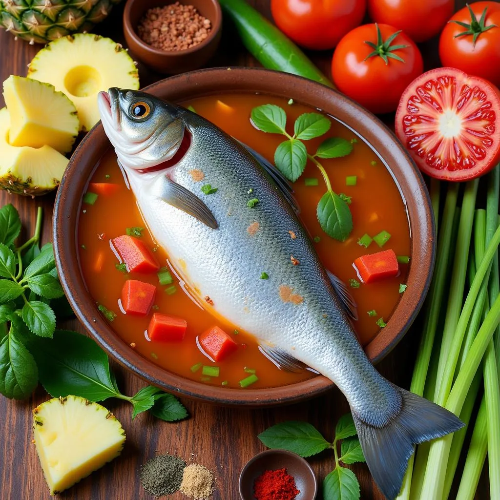 Fresh ingredients for Canh Chua Ca (Vietnamese Sour Fish Soup) arranged on a table