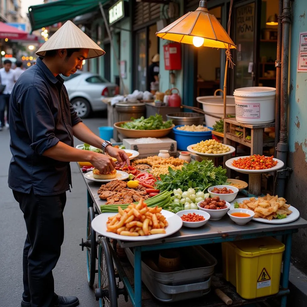 Vietnamese street food vendor preparing food