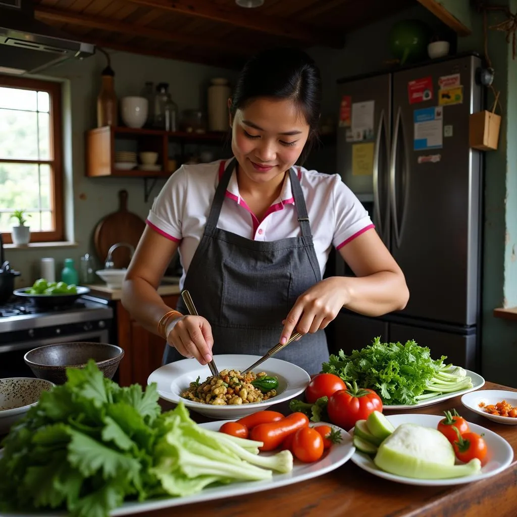 Vietnamese woman cooking a healthy meal with fresh vegetables