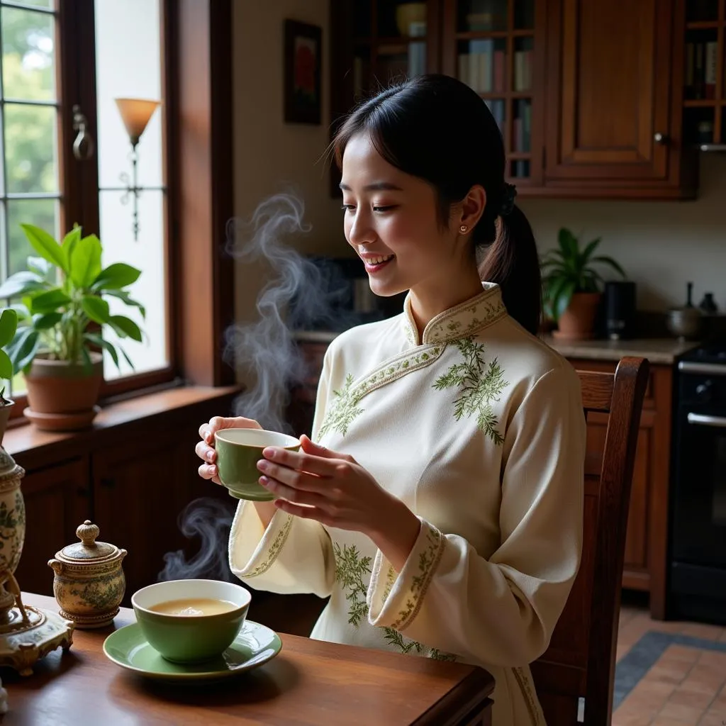 A Vietnamese woman in traditional clothing is enjoying a cup of herbal tea in a peaceful setting.