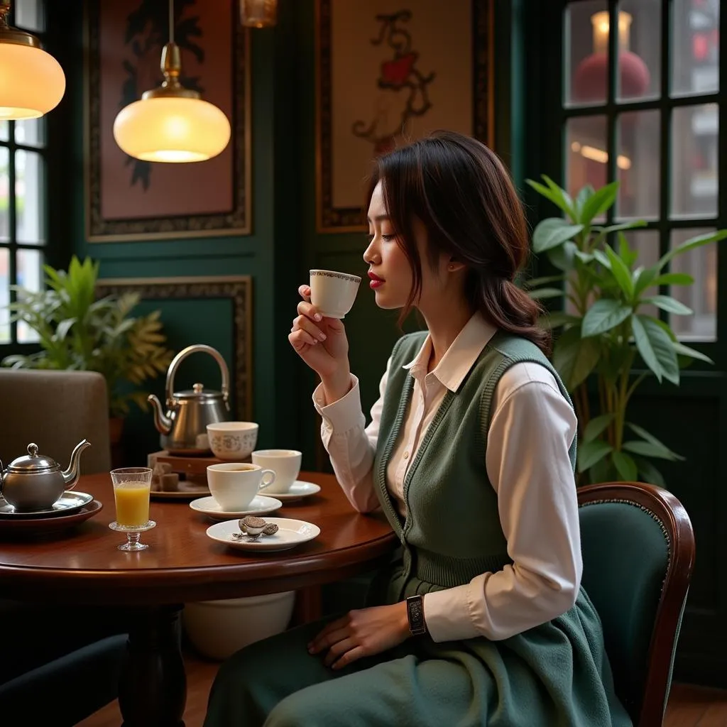 woman enjoying green tea in Hanoi